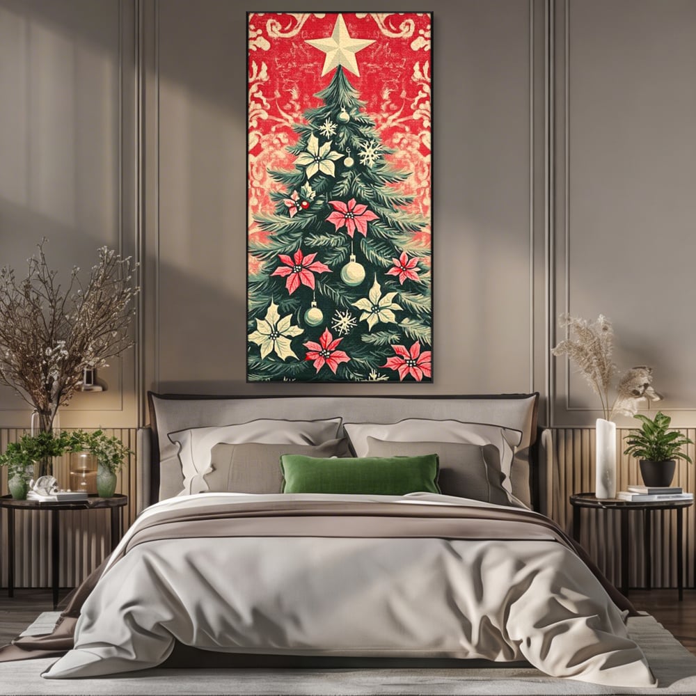 Tablou canvas cu ilustratie vintage cu brad de craciun, in rama de aluminiu negru, pe perete intr-un dormitor